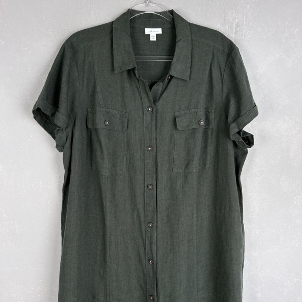 J. Jill midi shirt dress plus size 2X 100% linen green button up short sleeve - Picture 2 of 14